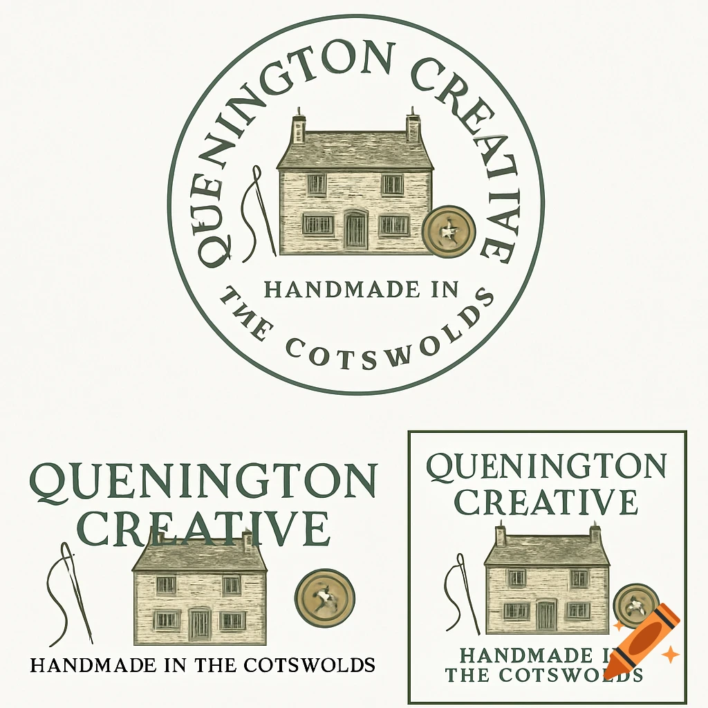 A handmade-style logo for Quenington Creative featuring a Cotswolds cottage, needle, thread, and button, with text.
