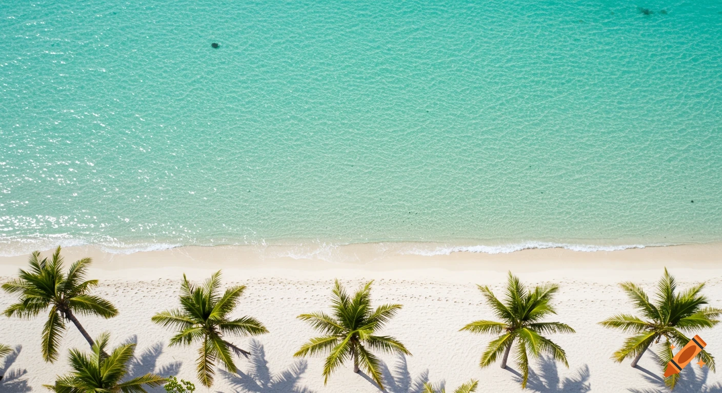 Aerial view of a pristine white sandy beach with turquoise ocean water and green palm trees under sunny skies.