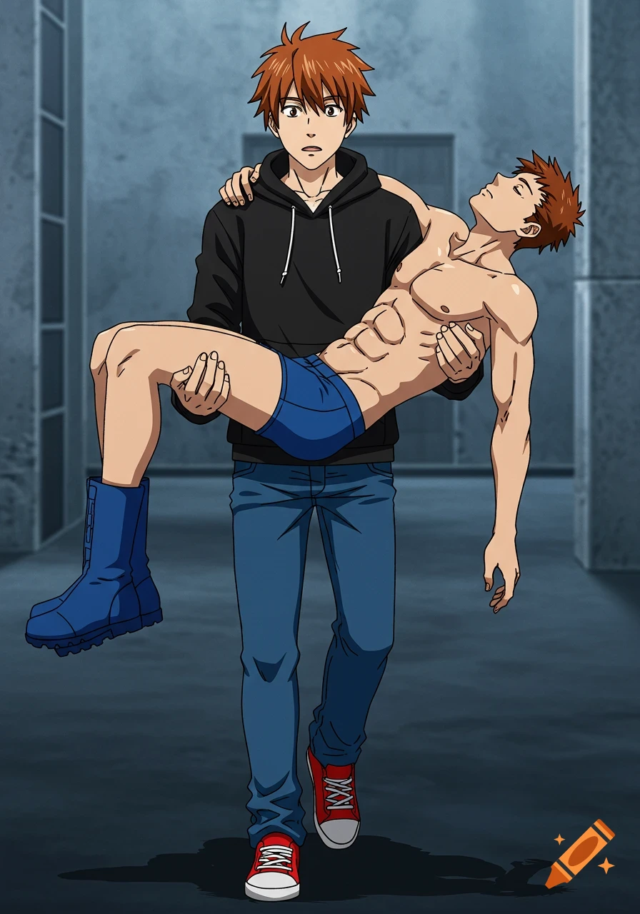 An anime man in a black hoodie and jeans carries a shirtless, muscular man in blue briefs and blue boots.