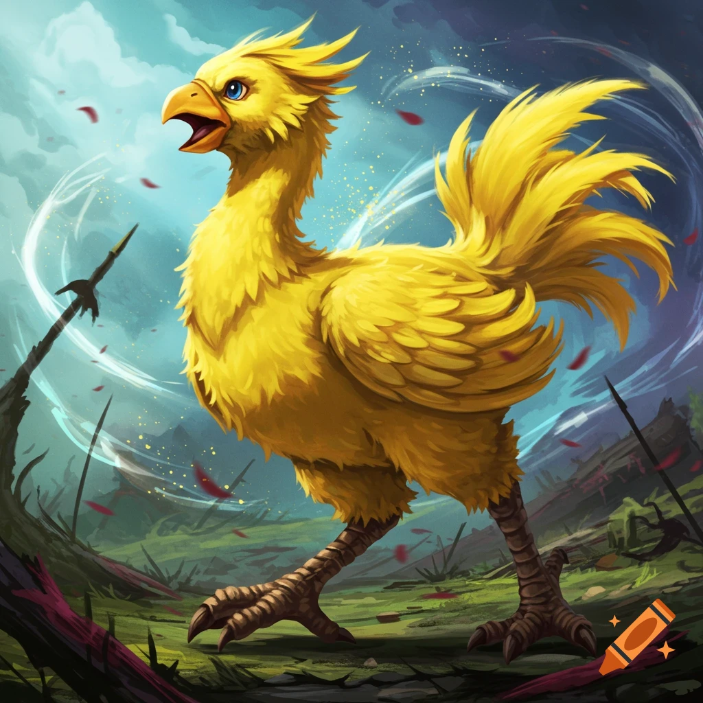 A vibrant yellow Chocobo stands alert on a green battlefield under a light blue sky, digital art.