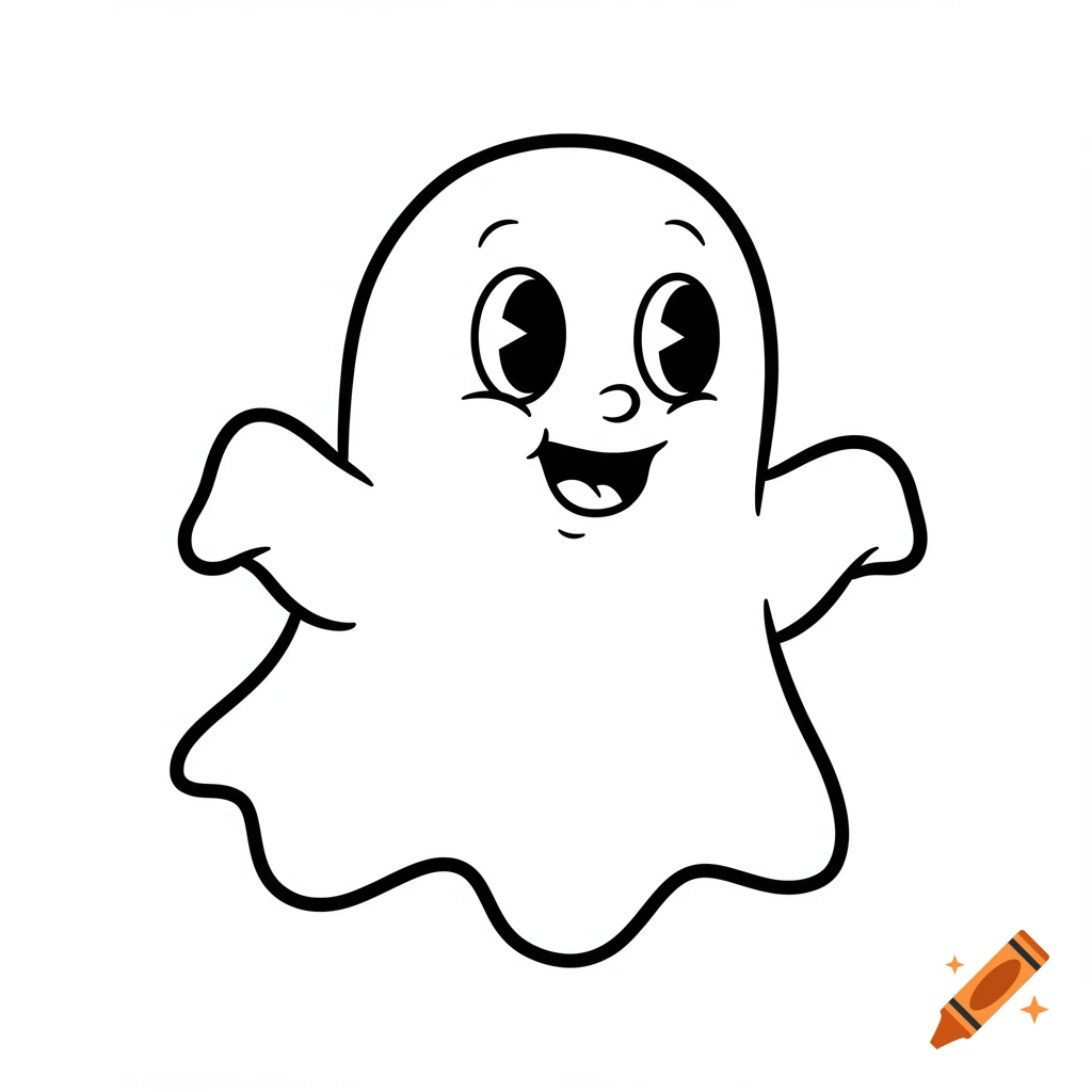 A cute, smiling cartoon ghost in black and white line art style.