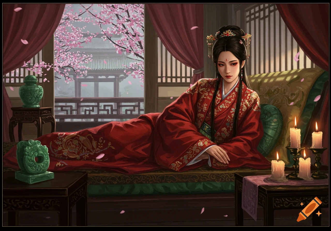 A woman in a red embroidered hanfu reclines on a bed in an imperial palace, with cherry blossoms and candles.