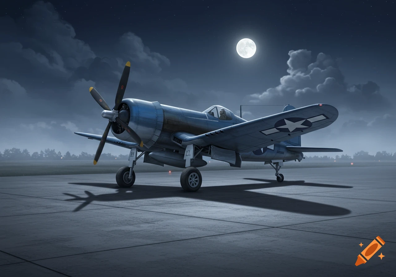 A photorealistic F4U Corsair airplane sits on a runway at night under a bright full moon and clouds.