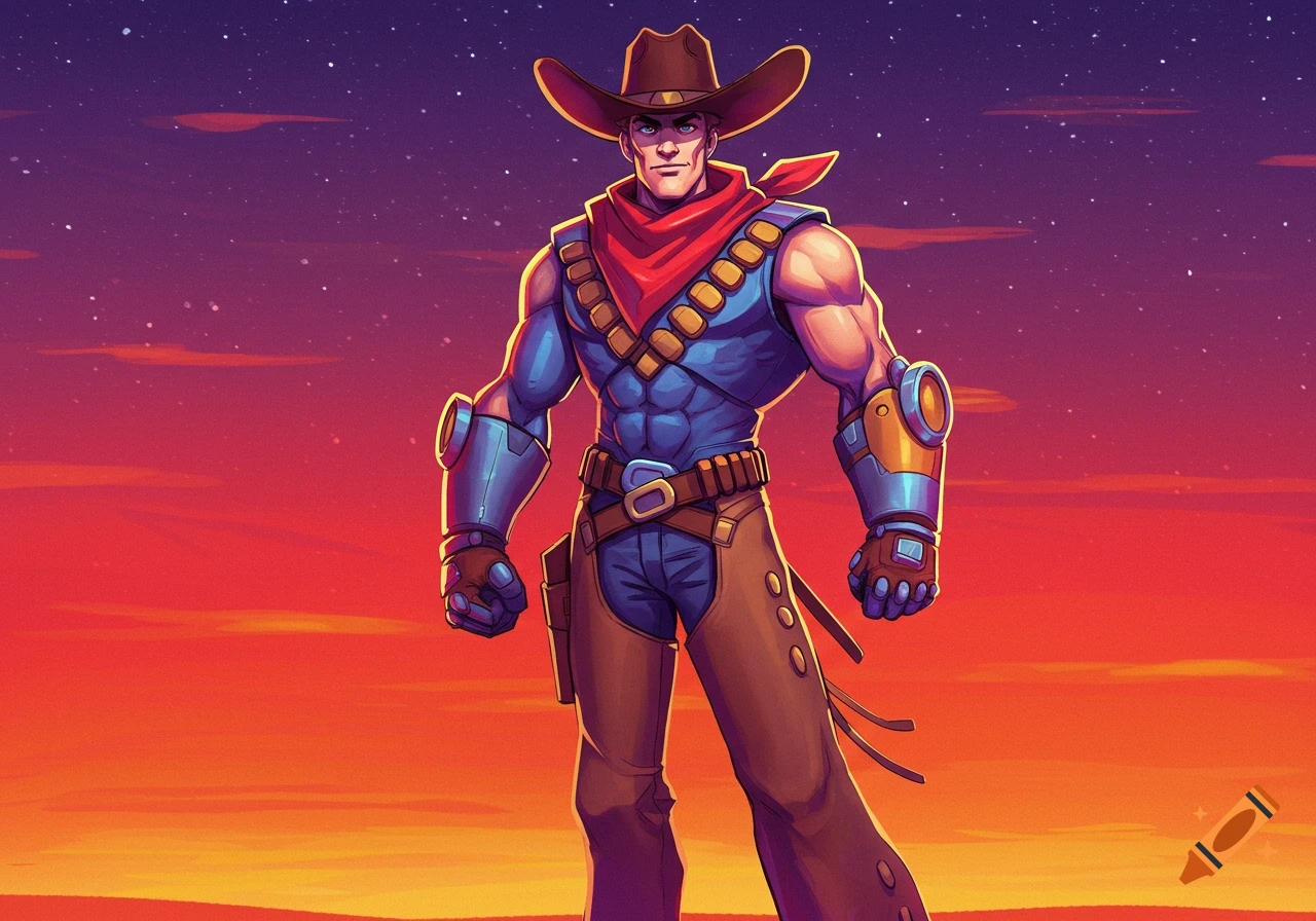 A muscular, stylized cowboy hero with futuristic arm guards stands against a vibrant sunset sky.