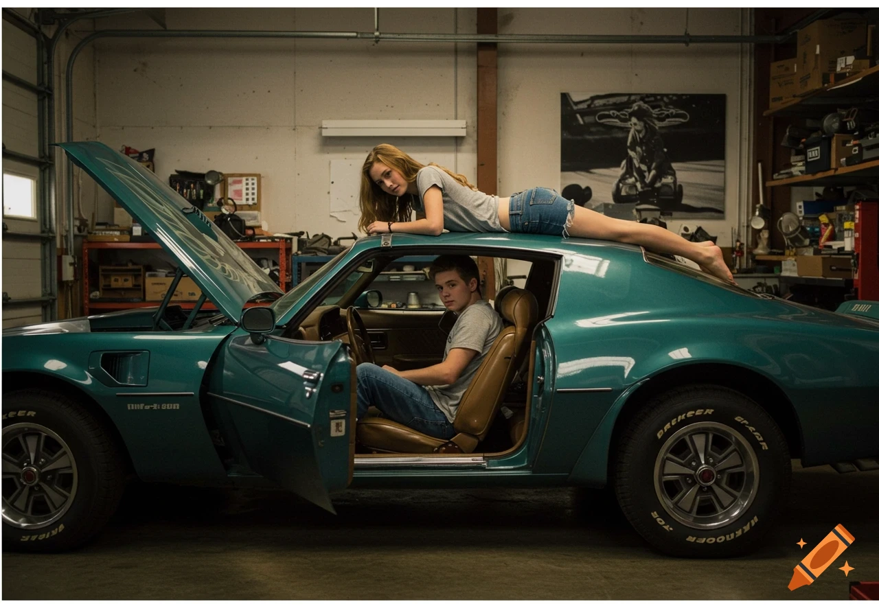 A young man sits in the driver's seat of a teal classic Trans Am in a garage, while a young woman lies on the car's roof.