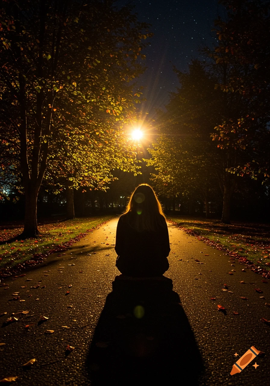 A person sits on a path at night, facing a bright street light, with trees and a starry sky.