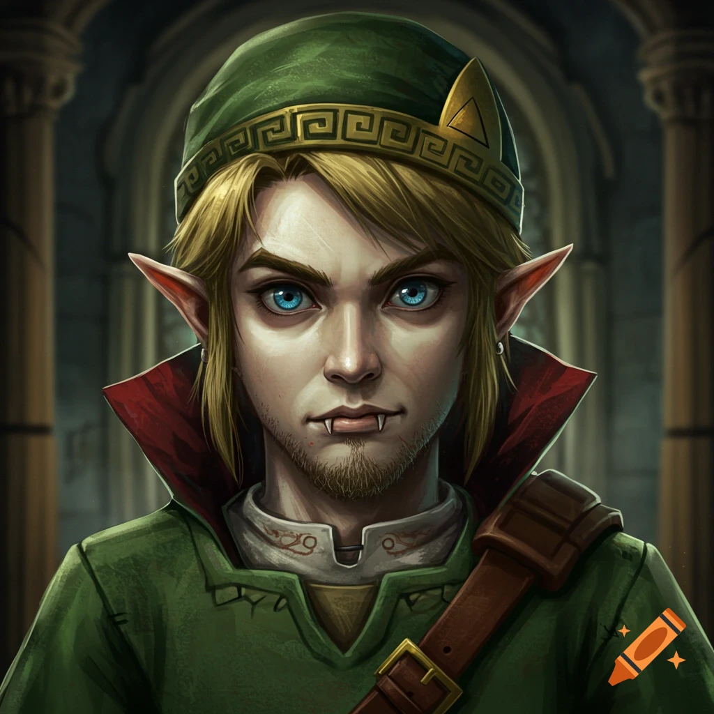 Realistic digital portrait of Link from Zelda as a vampire, with blue eyes, stubble, and fangs, wearing a green cap in a dark castle.