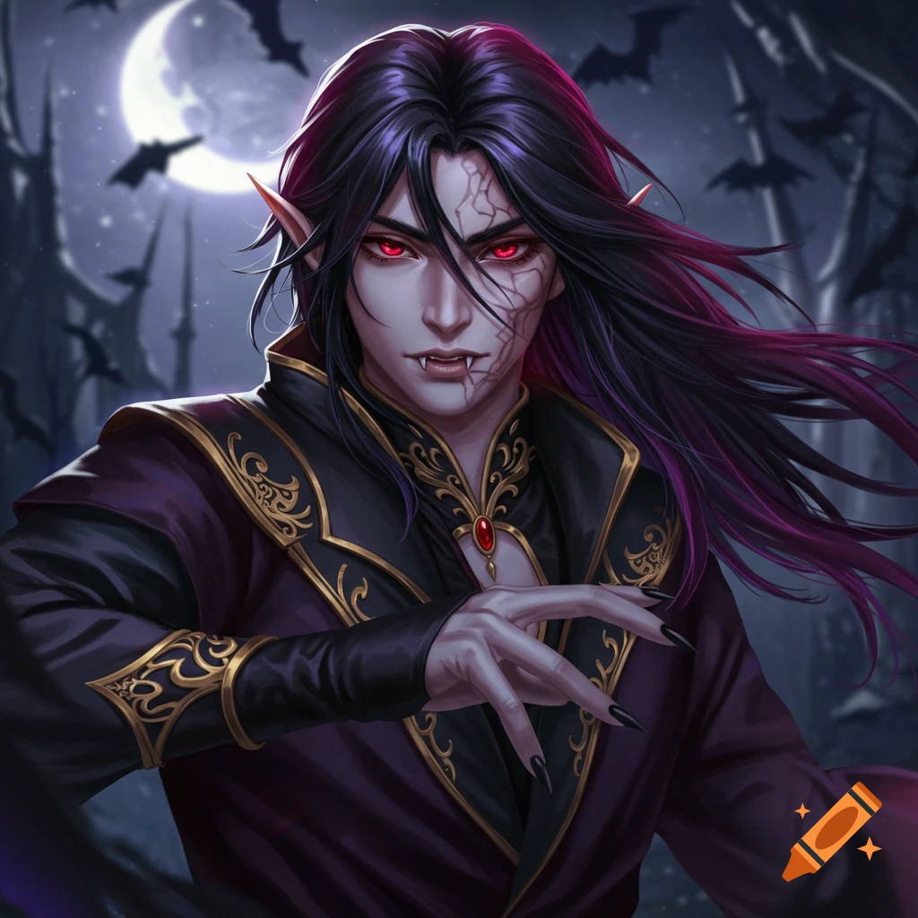 A striking anime vampire with long black hair, red eyes, fangs, and a dark robe, set against a moonlit gothic landscape.