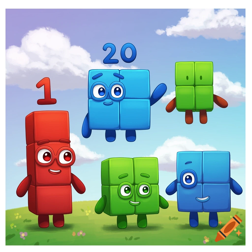 Cartoon characters made of colorful blocks representing numbers, standing on a grassy hill under a blue sky.