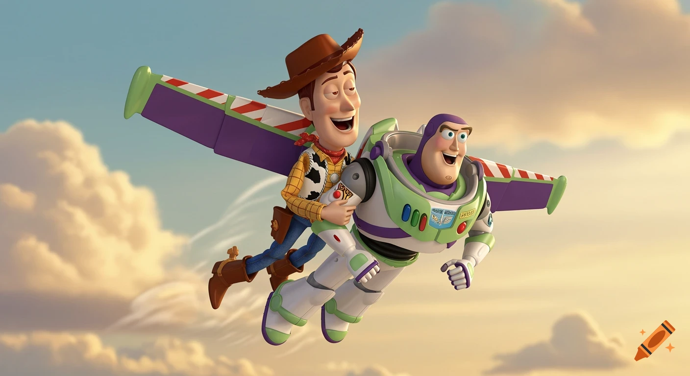 Woody holds onto Buzz Lightyear as they fly through a cloudy sky in animated style.