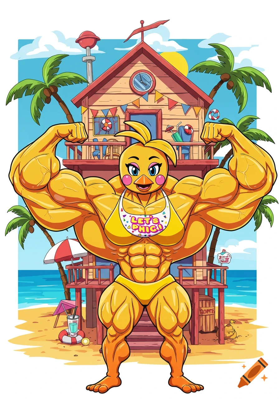 A muscular cartoon chicken character in a yellow swimsuit flexing on a beach in front of a beach house.