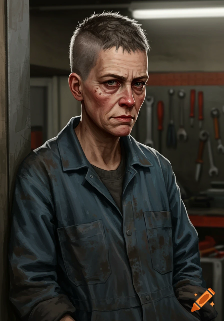 A portrait of a serious middle-aged woman with a crew cut wearing a dirty blue boiler suit in a workshop.