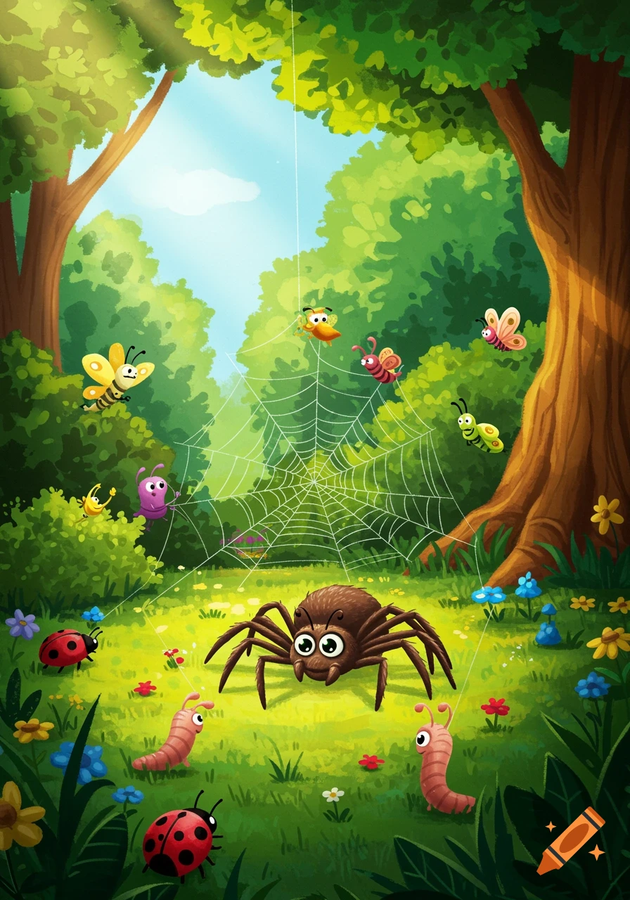 A vibrant cartoon illustration depicts a friendly spider on a large web in a sunlit forest, surrounded by various smiling insects like ladybugs, bees, and worms.