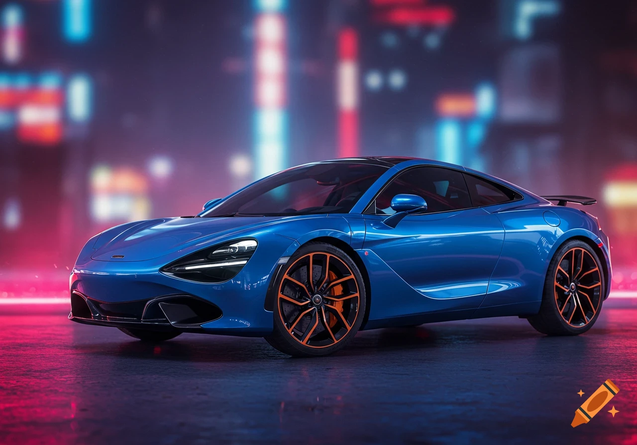 A sleek blue McLaren sports car with orange wheels sits on a wet road at night, illuminated by blurry neon city lights.