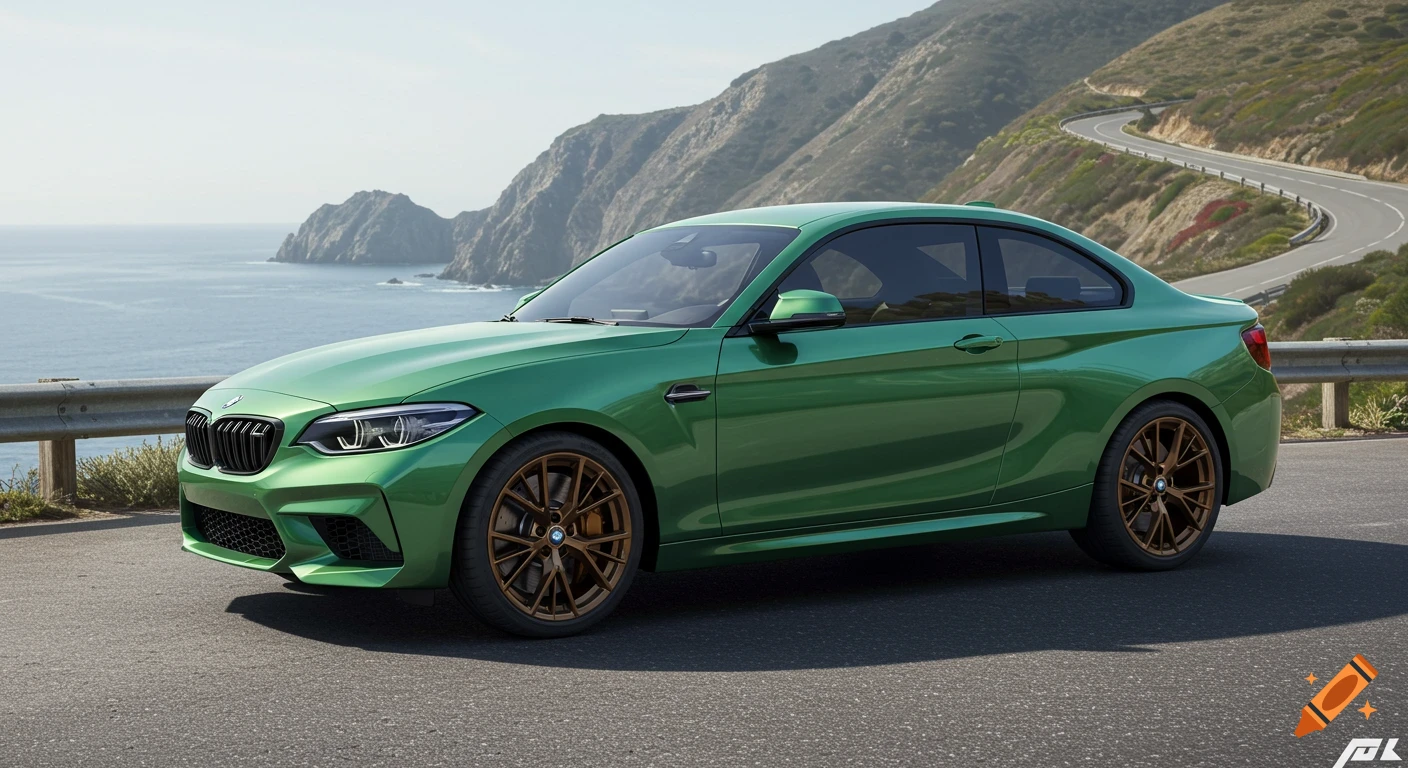 A green BMW M240i with bronze wheels parked on a coastal road overlooking the ocean and mountains.