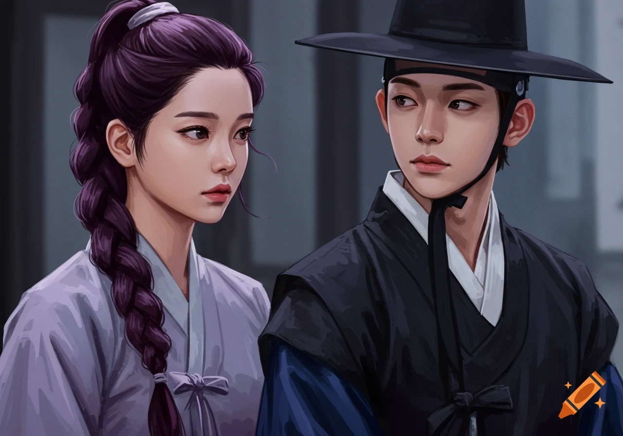 An illustration of a girl with long purple braided hair and a boy in a black historical Korean hat and outfit, looking intently.