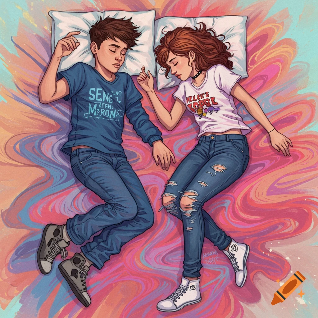 An illustration of a teenage boy and girl sleeping side-by-side on a bed with colorful, swirling patterns. They are wearing casual clothes.
