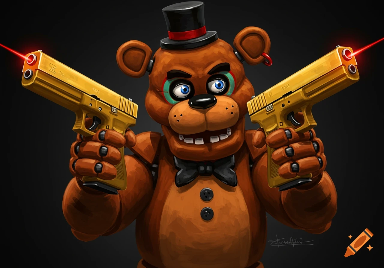 Freddy Fazbear, a brown animatronic bear, dual-wielding two golden handguns with red laser sights, against a dark background.
