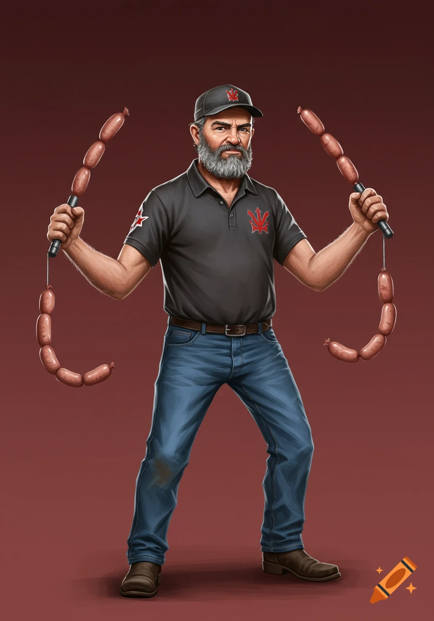A grizzled Australian farmer with a grey beard and cap, wearing a black polo shirt and jeans, stands holding two long strings of sausages like nunchucks.