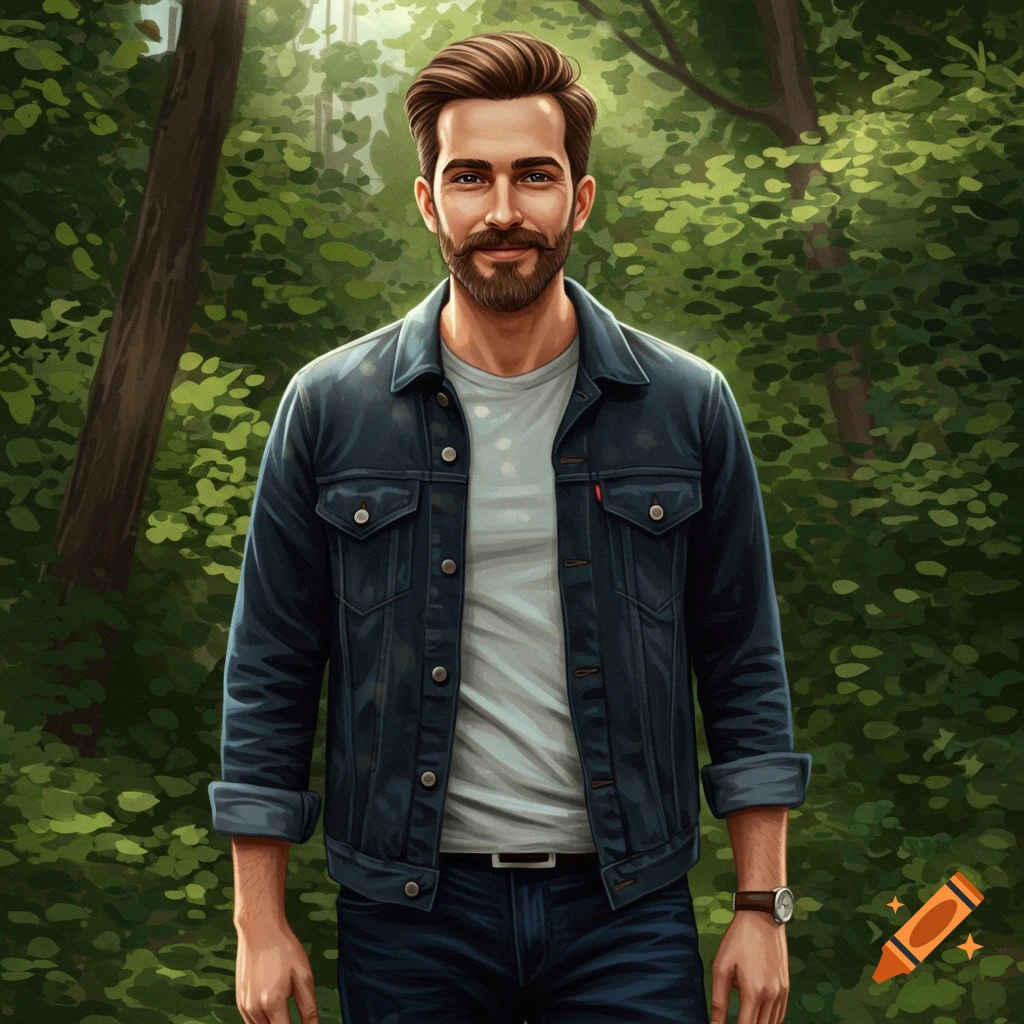 A stylized portrait of a bearded man in a denim jacket and t-shirt, standing in a sun-dappled forest.