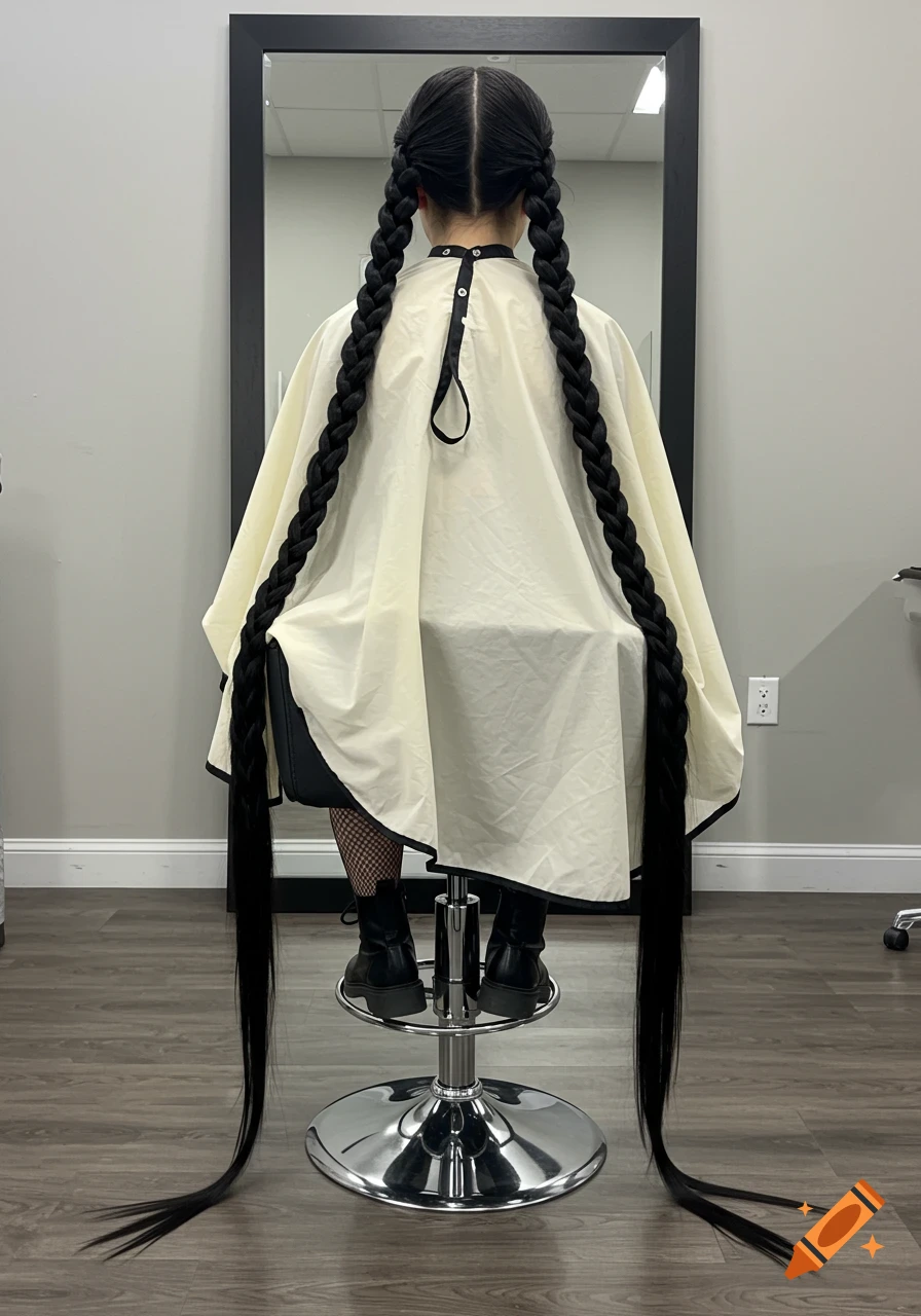 A person with two extremely long black braids, wearing a cream haircutting cape, sits on a high stool facing away in a salon.