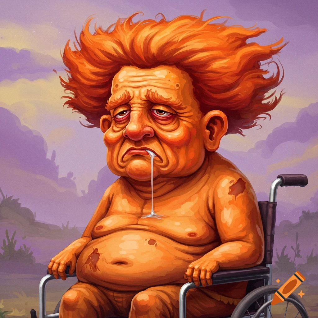 A cartoonish, orange-skinned, elderly man with wild red hair sits slumped and drooling in a wheelchair.