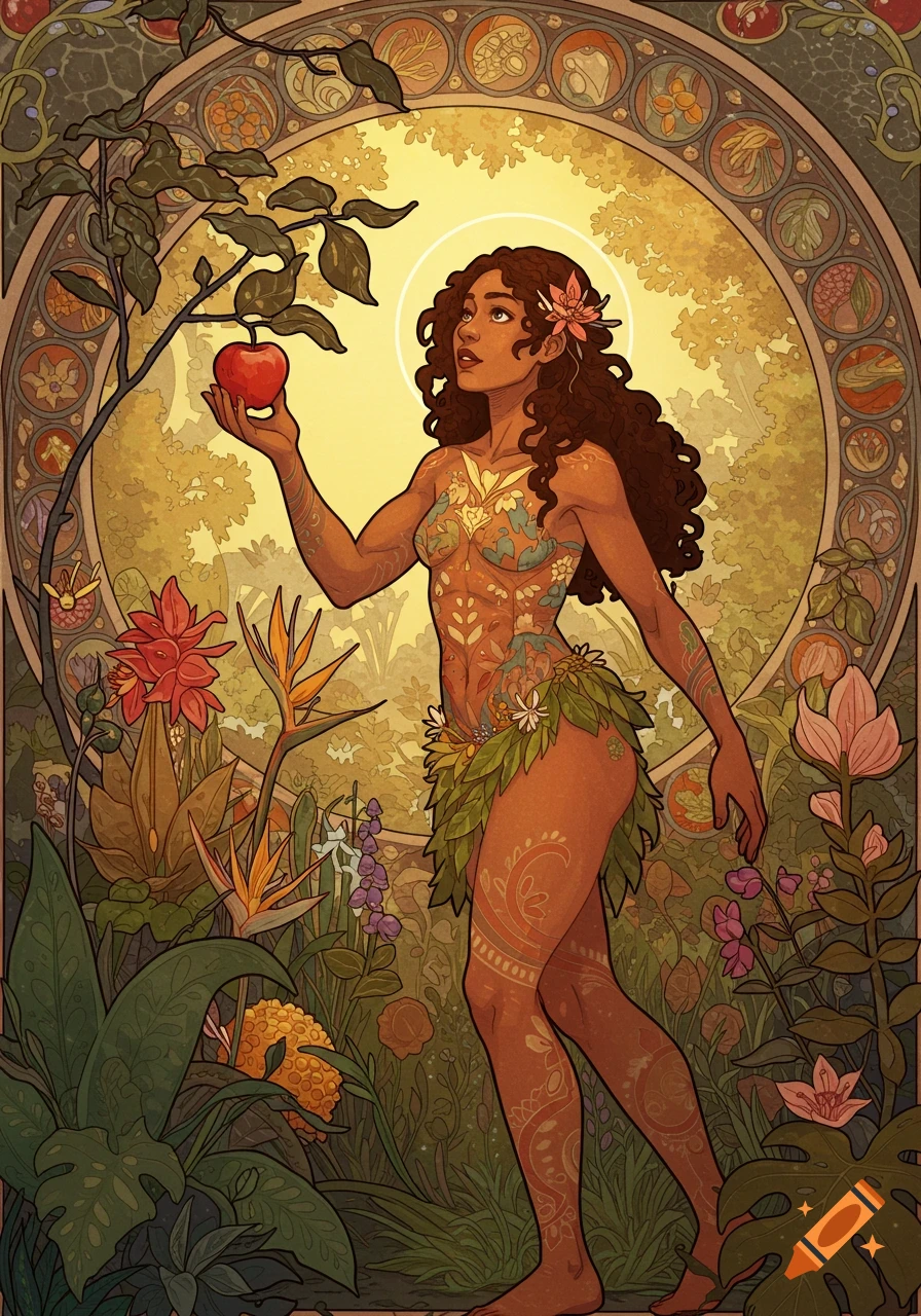 An Art Nouveau illustration of Eve with dark curly hair and decorative body paint, holding an apple in a lush Garden of Eden.