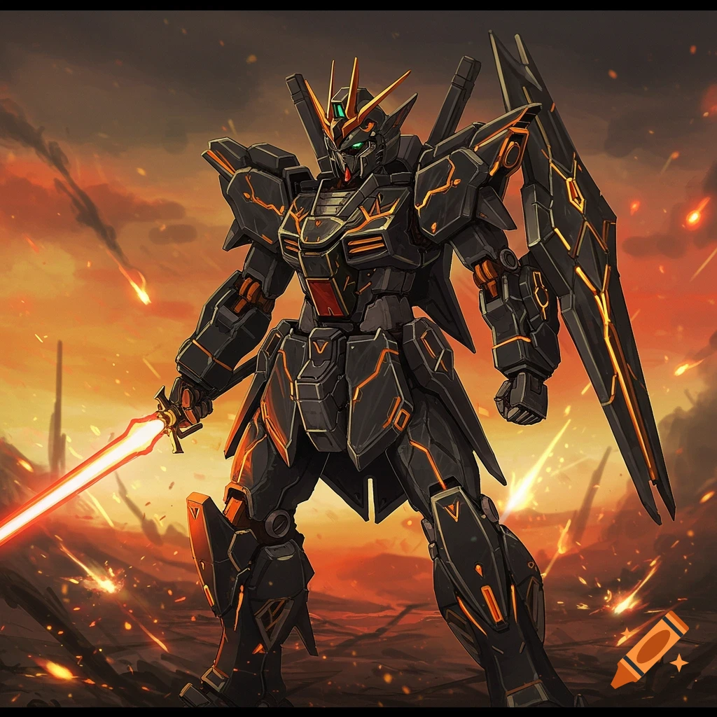 A large, dark mech with orange glowing accents stands in a fiery, apocalyptic landscape, holding a glowing red sword.