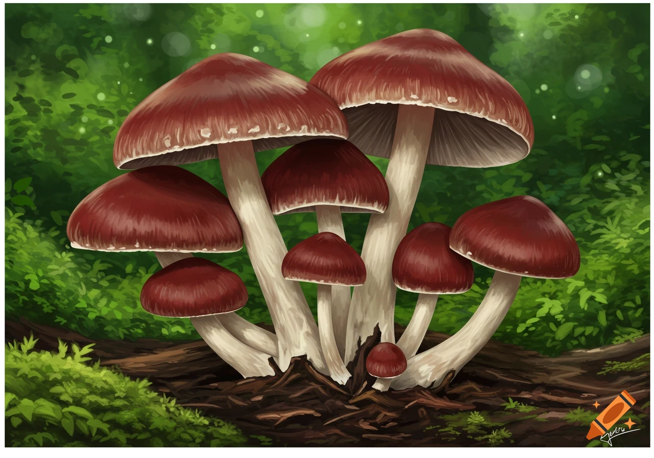 Digital painting of a cluster of red-brown mushrooms with white stems on a forest floor, with green foliage and soft light.