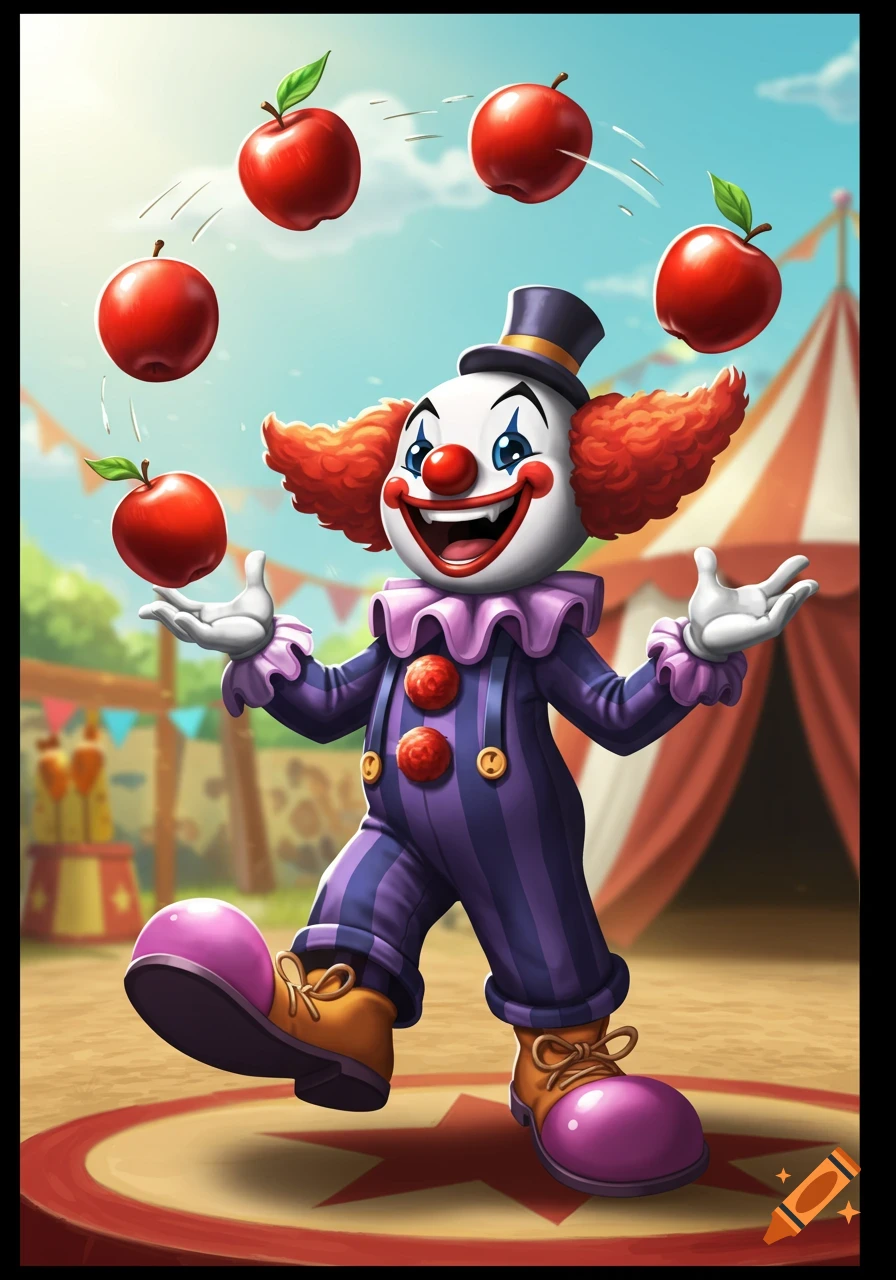 A cartoon clown in purple overalls juggling five red apples at a circus.