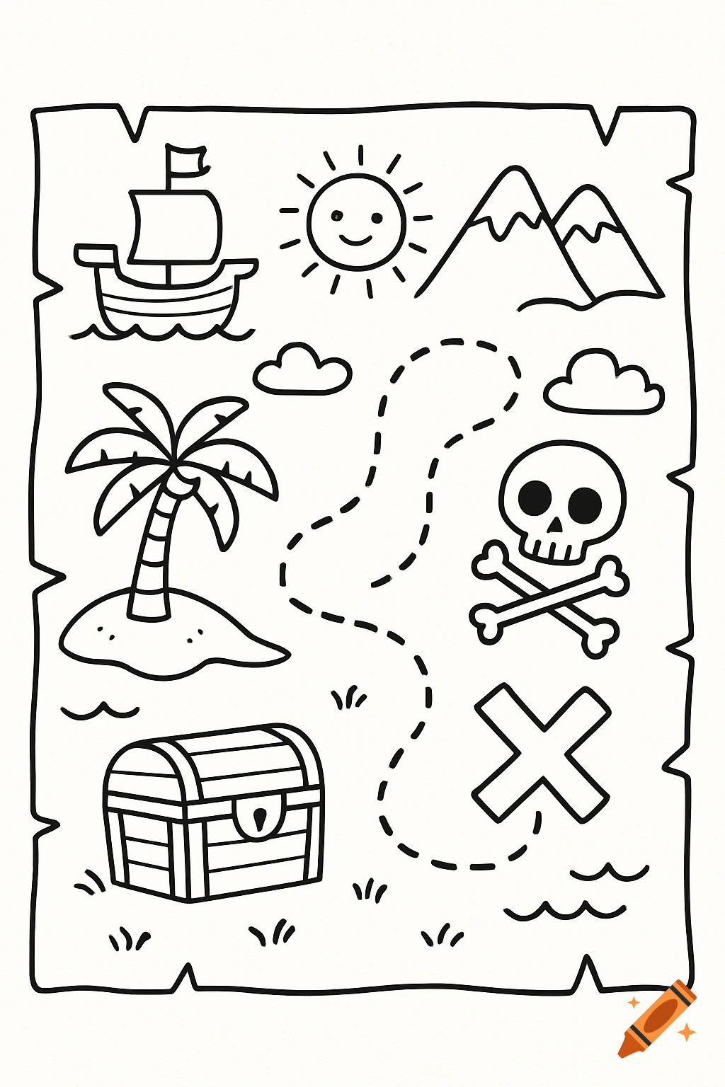 A simple black outline drawing of a treasure map for coloring, featuring a ship, island with palm tree, sun, mountains, skull and crossbones, and a treasure chest leading to an X mark.