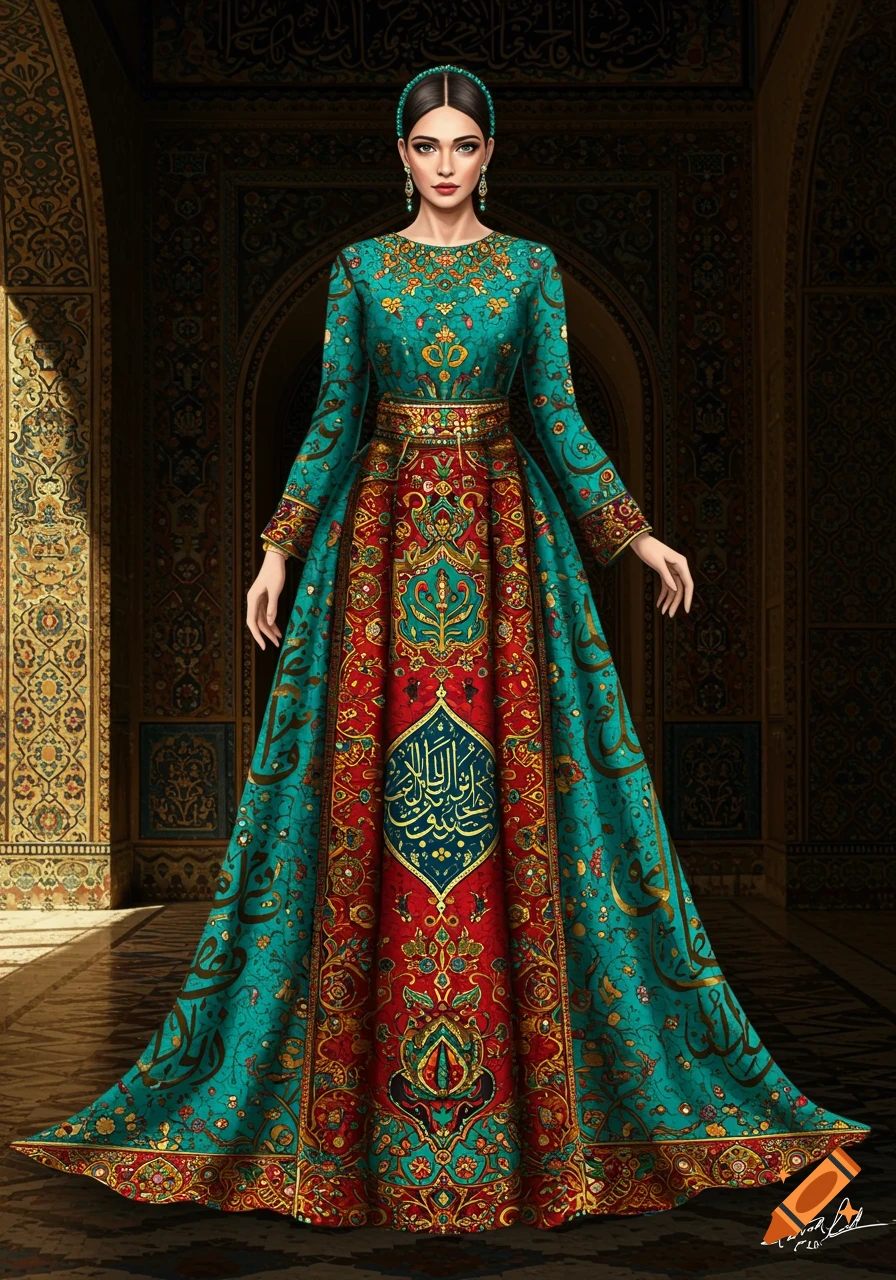 A woman in a beautiful, ornate teal and red Iranian-inspired dress with gold calligraphy standing in an arched hall.
