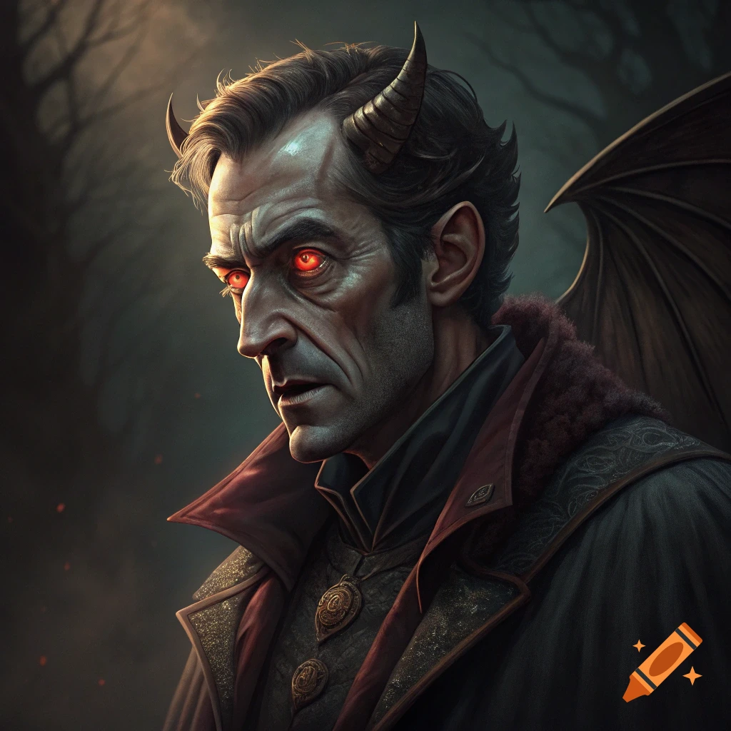 A photorealistic portrait of a stern-looking demonic man with glowing red eyes, horns, and a wing, against a dark, moody background.