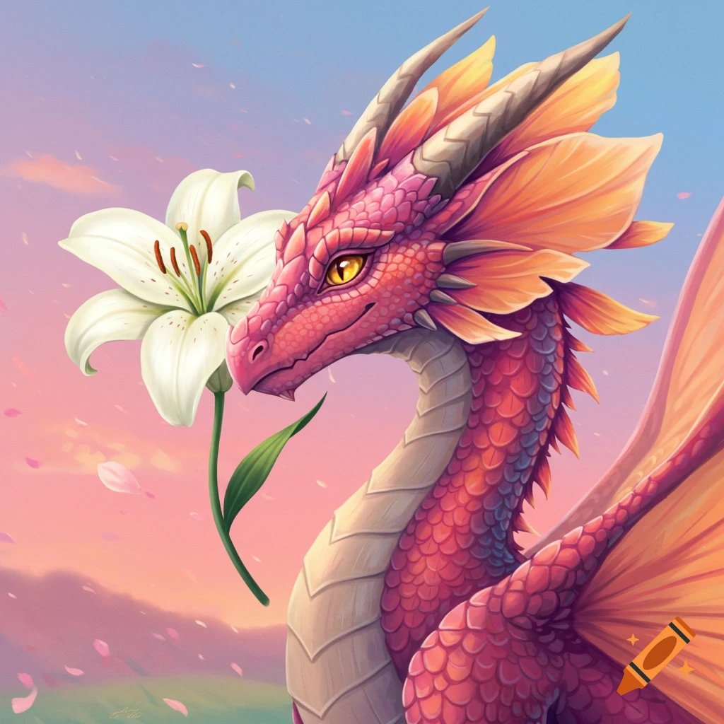 A friendly pink and orange dragon with yellow eyes holds a white lily next to its head under a pastel pink and blue sky.