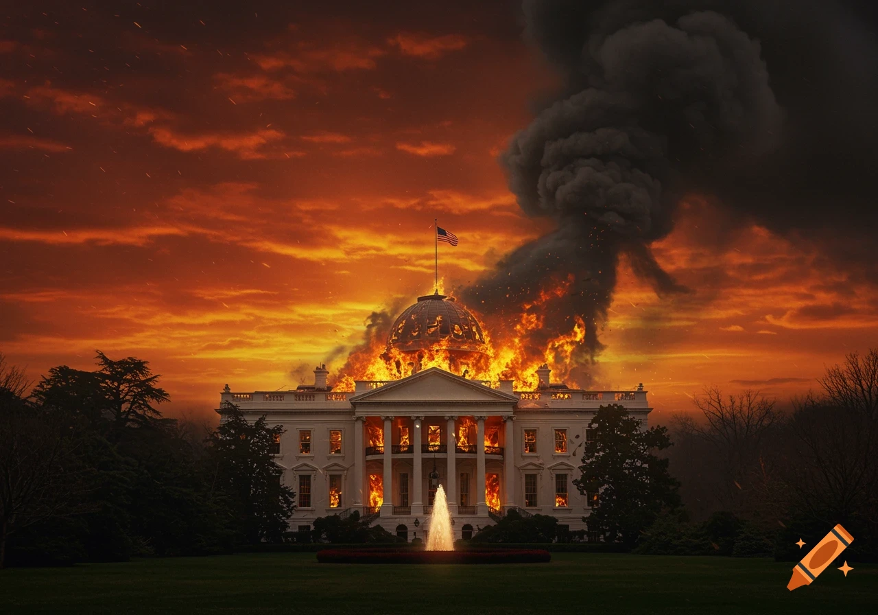 Photorealistic image of the White House engulfed in flames with heavy smoke rising into an orange sky.