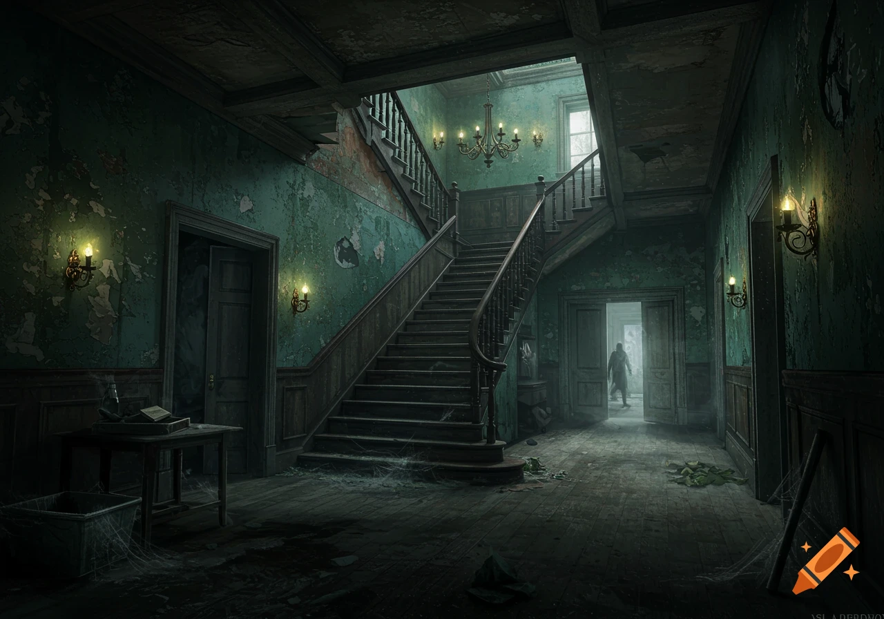 A dimly lit, decaying gothic mansion foyer with a grand staircase and a shadowy figure in a distant doorway.