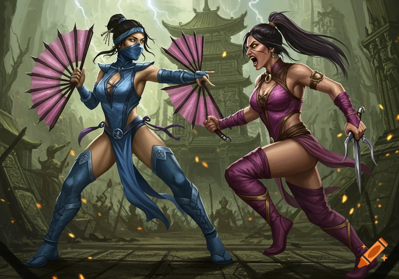 Kitana and Mileena, two female warriors, face off in an action-packed digital art illustration set in an Asian fantasy world.
