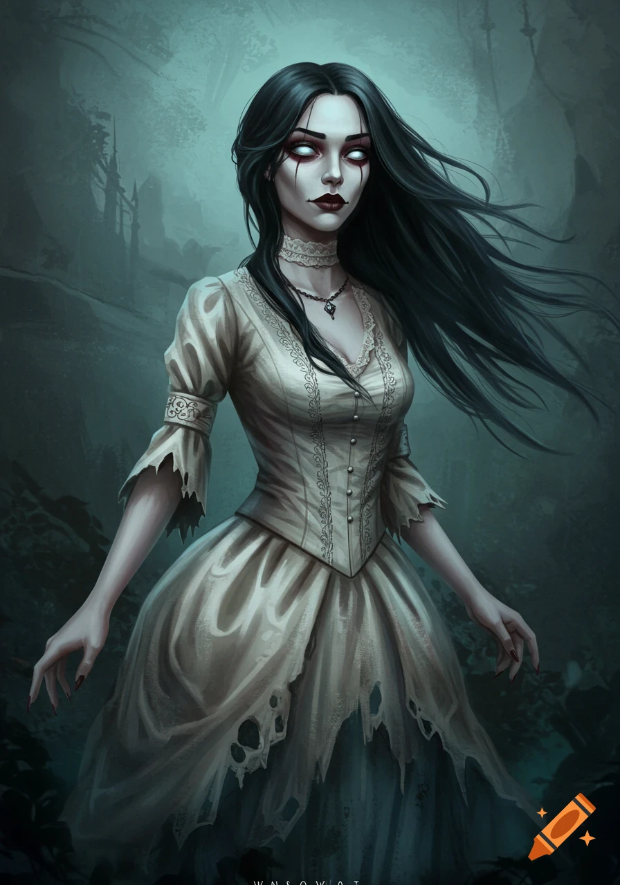 A ghostly woman with long dark hair and a tattered white dress stands in a misty, dark forest. Her eyes are white and lips dark.