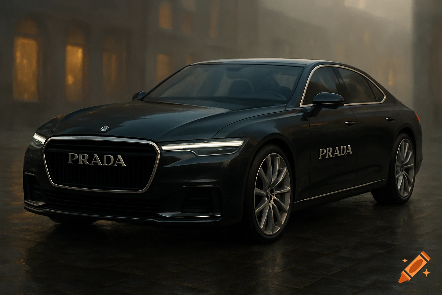 A dark, sleek luxury car with "PRADA" branding on its grille and side, parked in a dimly lit urban setting.