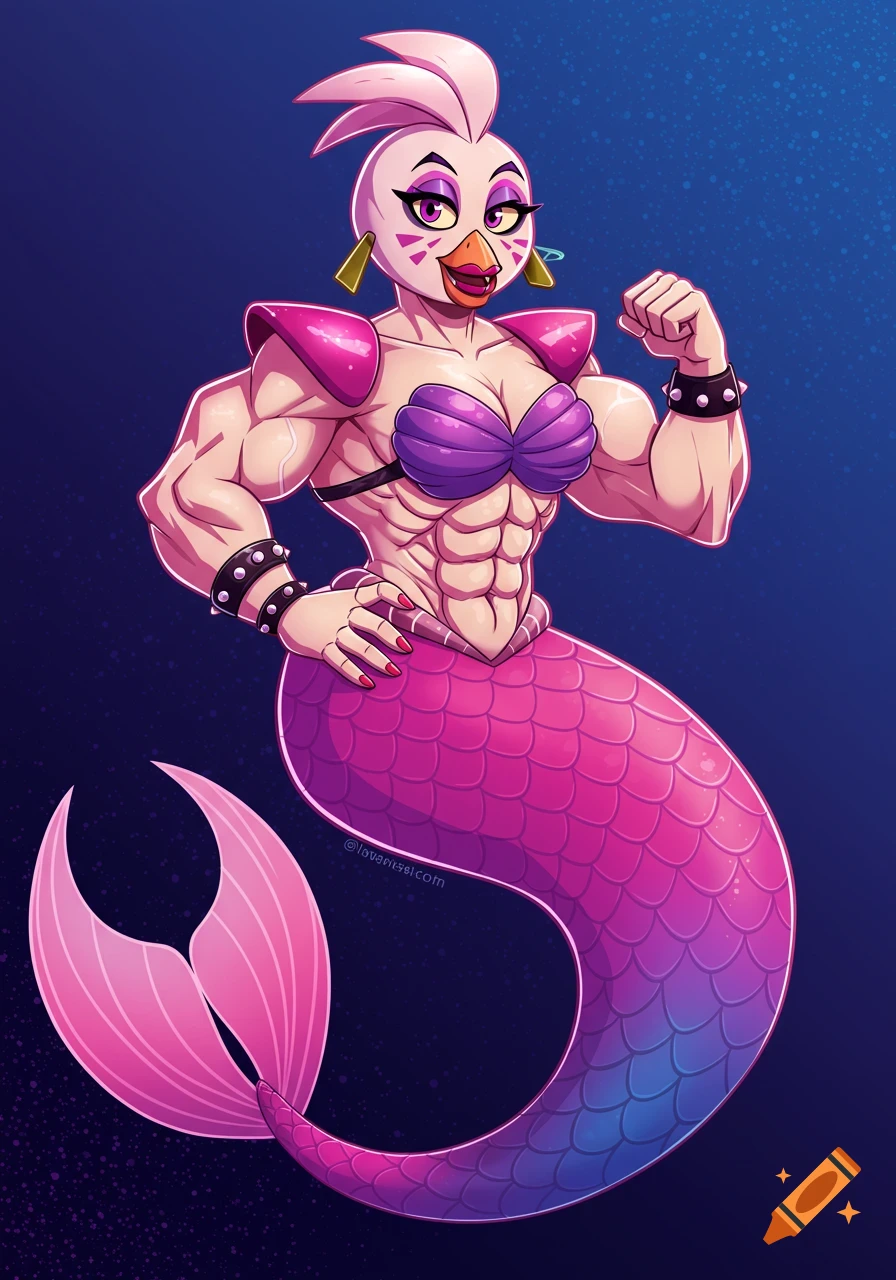 A muscular Glamrock Chica mermaid with a purple seashell top and pink tail flexes her bicep in a cartoon style.
