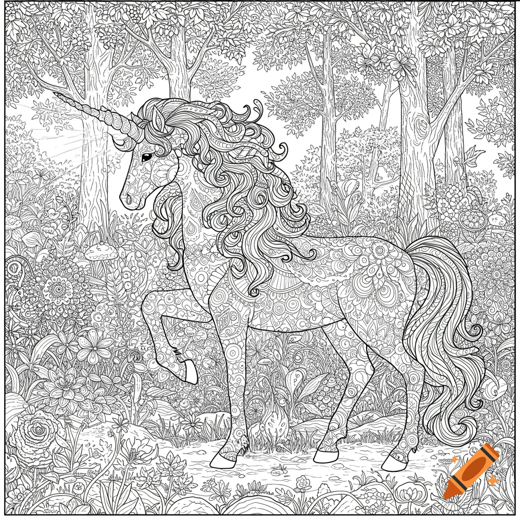 A detailed black and white line art coloring page of a unicorn with mandala patterns on its body, standing in a forest with light beams from its horn.