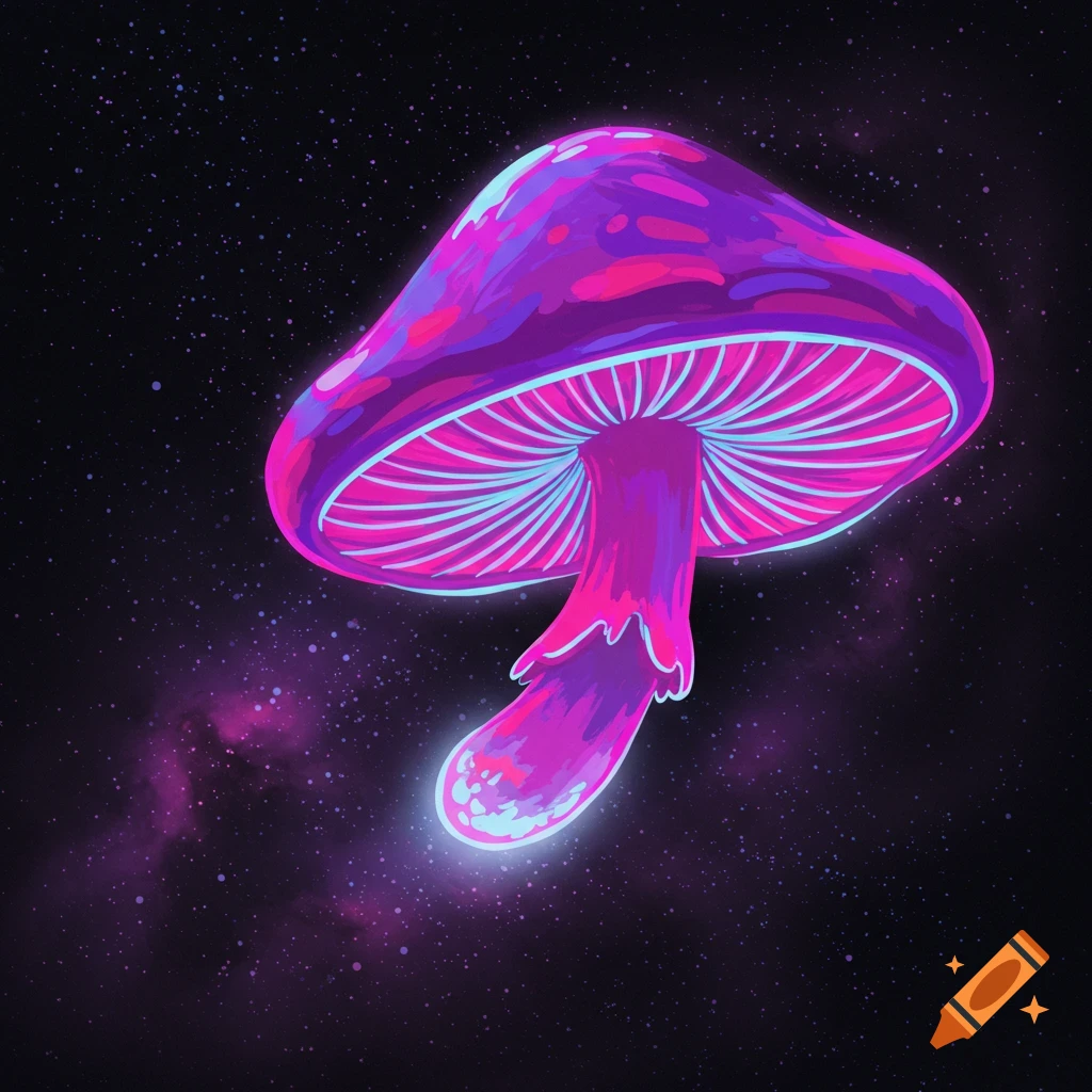 A vibrant, neon mushroom floats in a starry purple and pink cosmic space.