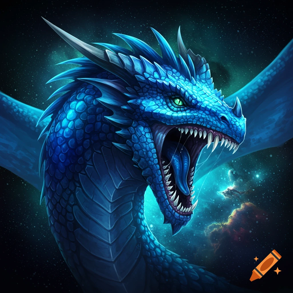 A blue dragon with glowing green eyes and an open mouth full of sharp teeth, against a dark, starry cosmic background.