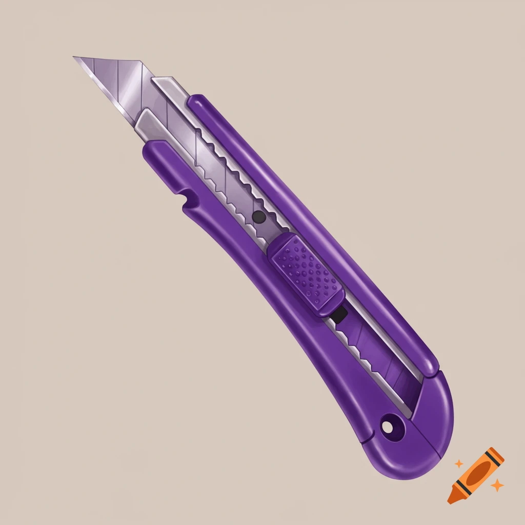 A purple box cutter with a silver blade on a plain background.
