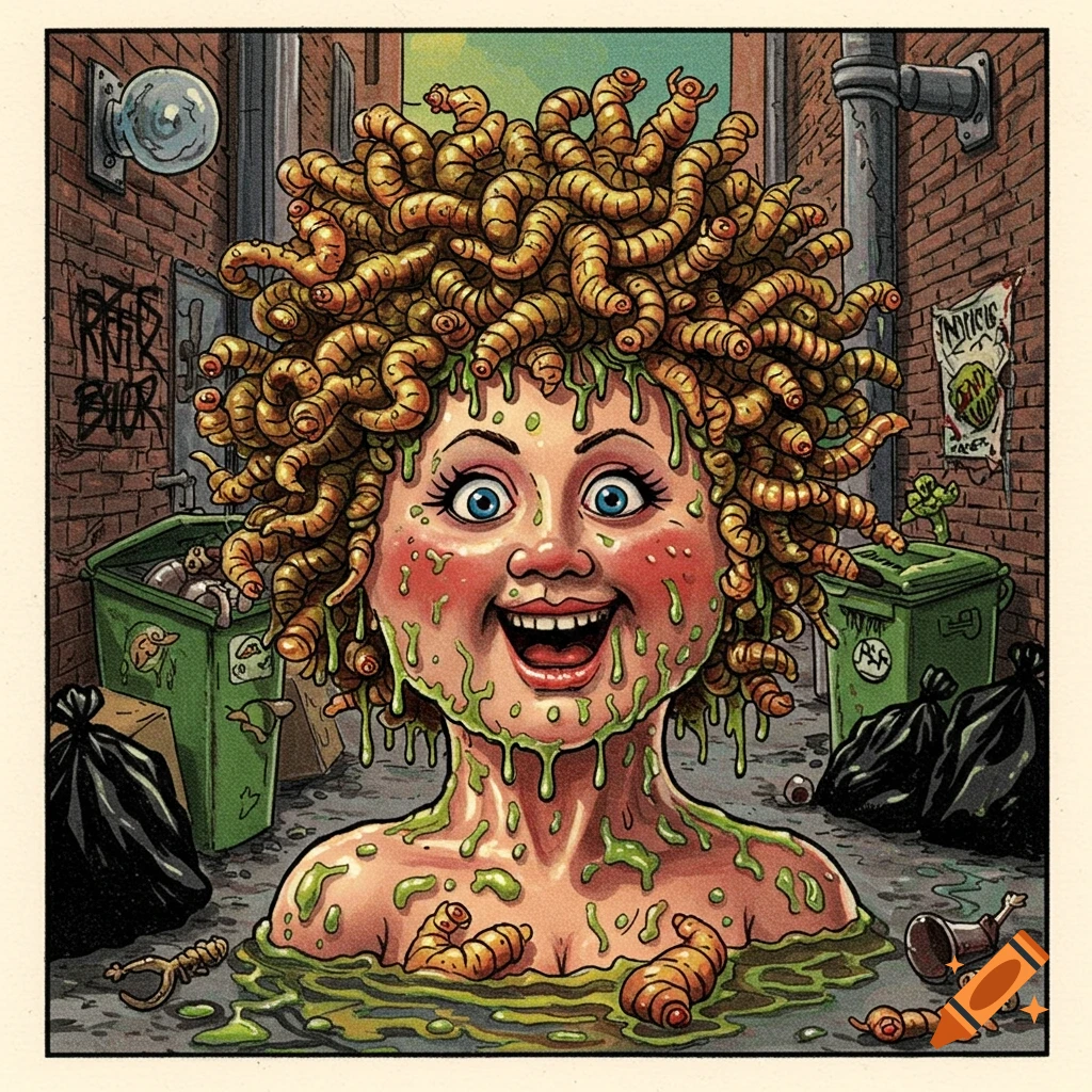 A grotesque cartoon woman with maggot hair and melting green slime on her face, in a dirty alley with garbage bins.