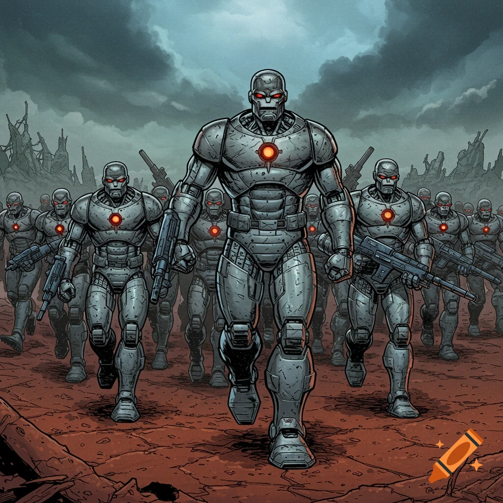 An army of armored robots with red glowing eyes and chest plates marches across a desolate, rocky landscape under a stormy sky in comic book art style.