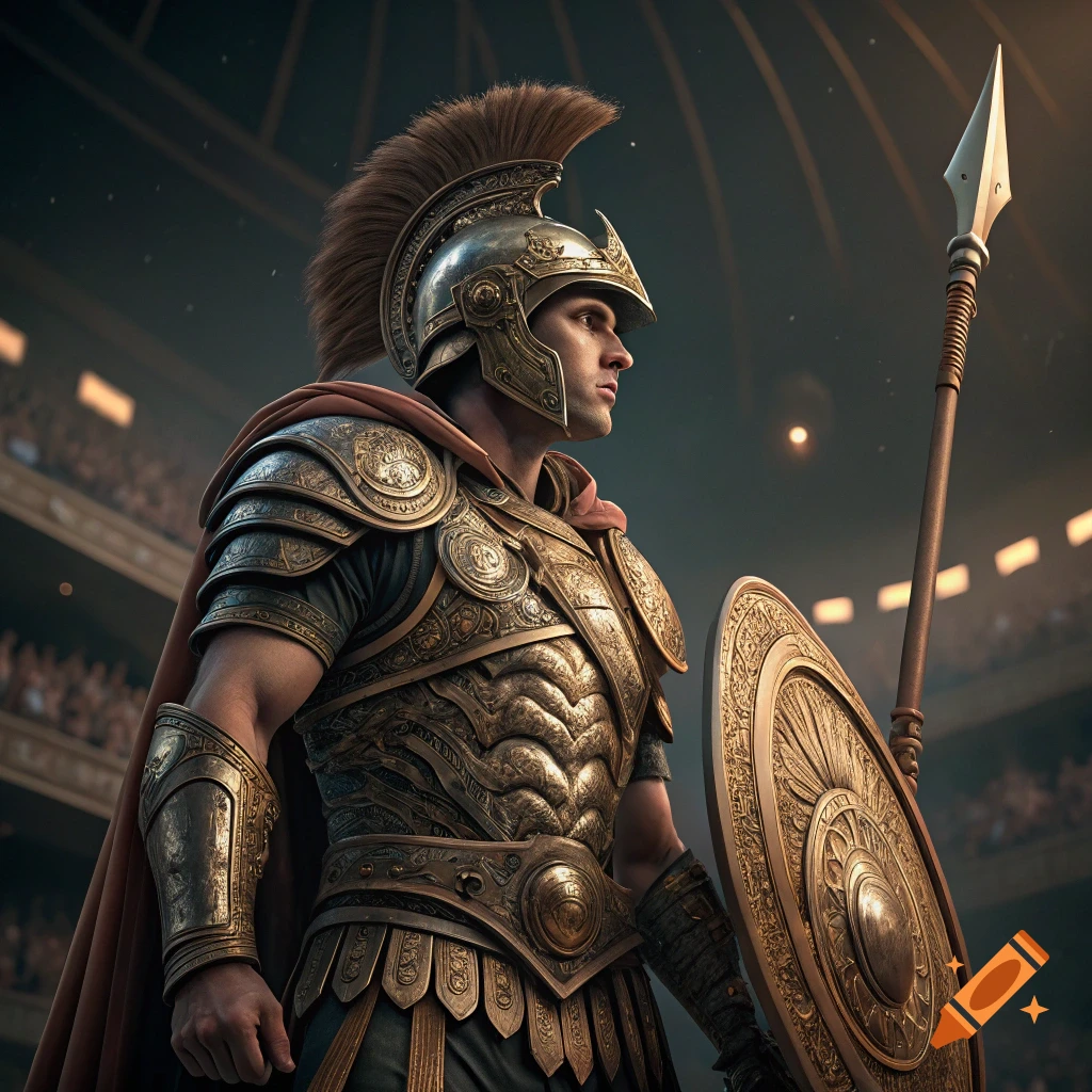 A photorealistic image of a Roman/Spartan warrior in ornate golden armor and a red cape, holding a spear and shield in an arena.