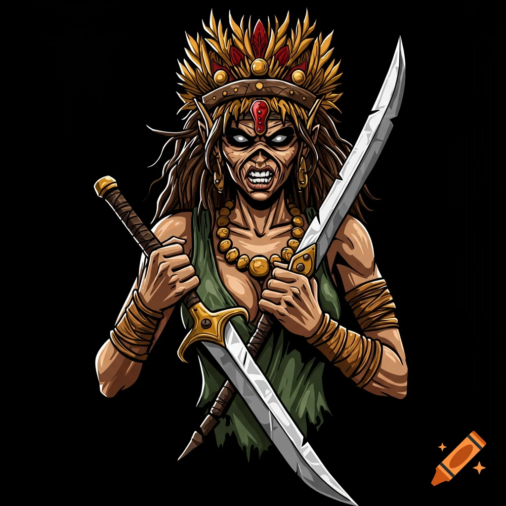 A fierce female warrior with a golden crown, long hair, and a necklace, holding two crossed swords against a black background.