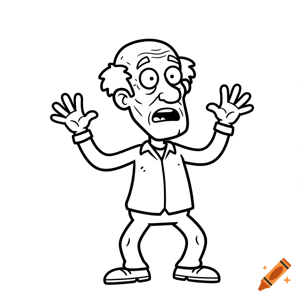 A black and white cartoon outline of an elderly man with his hands raised and a surprised expression.