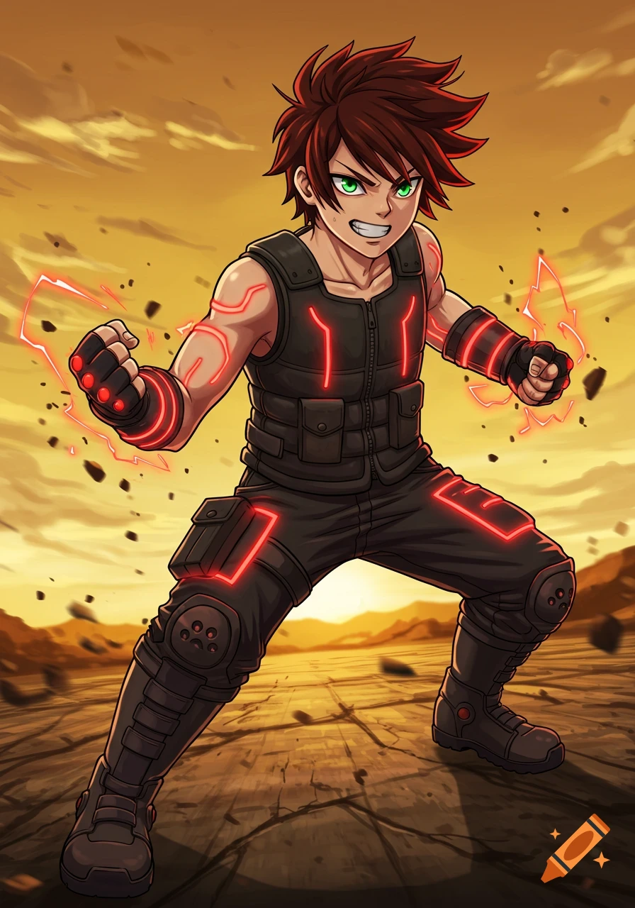 An anime boy with red spiky hair and green eyes in a black combat vest grins as red energy crackles around him in a dynamic pose against a golden sunset.